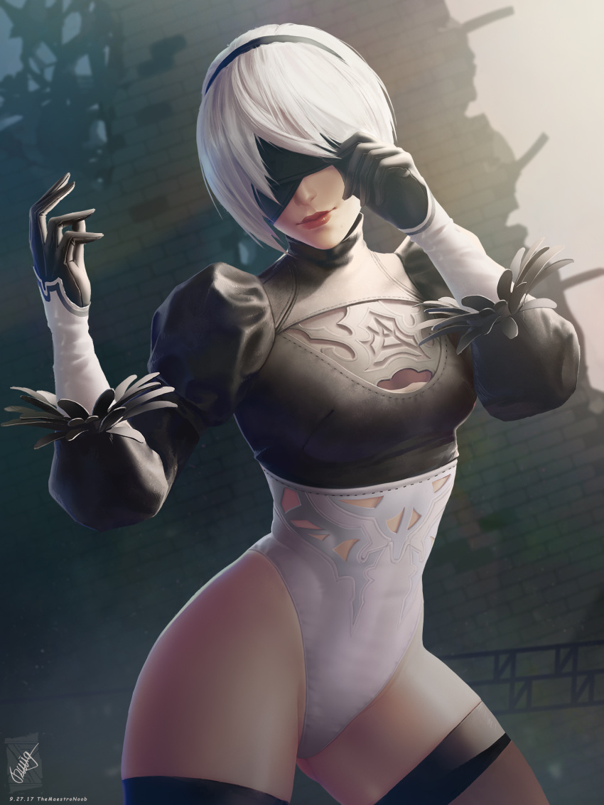 1girl, alternate_costume, blindfold, feather-trimmed_sleeves, georgy_stacker, hairband, highres, leotard