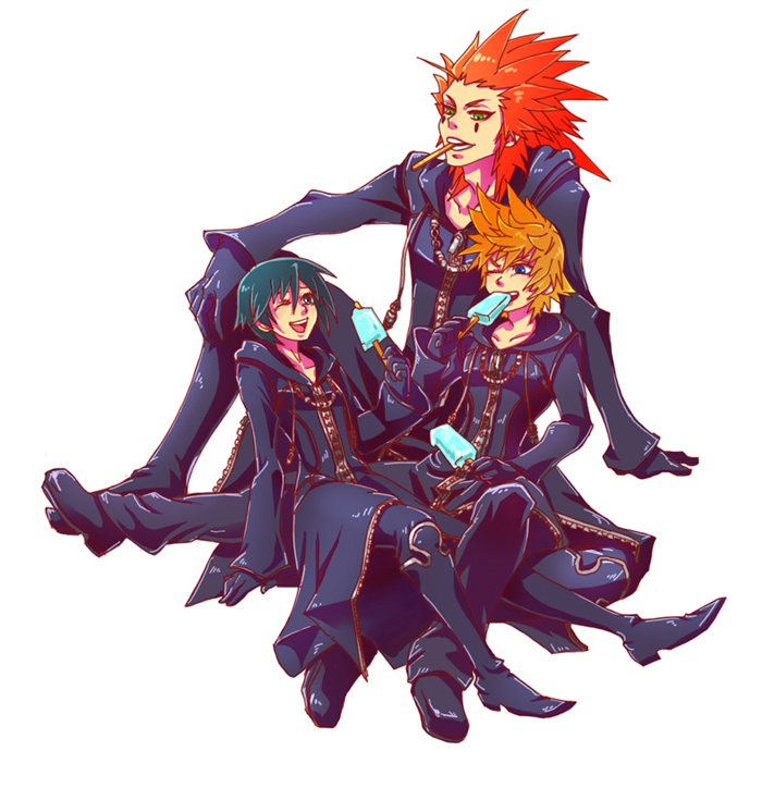 1girl, axel_(kingdom_hearts), black_hair, blonde_hair, blue_eyes, breasts, cloak, gaiya, gloves, kingdom_hearts, kingdom_hearts_358/2_days, multiple_boys, redhead, roxas, short_hair, xion_(kingdom_hearts)