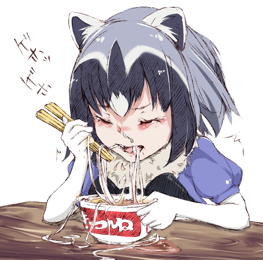 /\/\/\, animal_ears, asphyxiation, black_bow, black_hair, black_neckwear, blue_shirt, bow