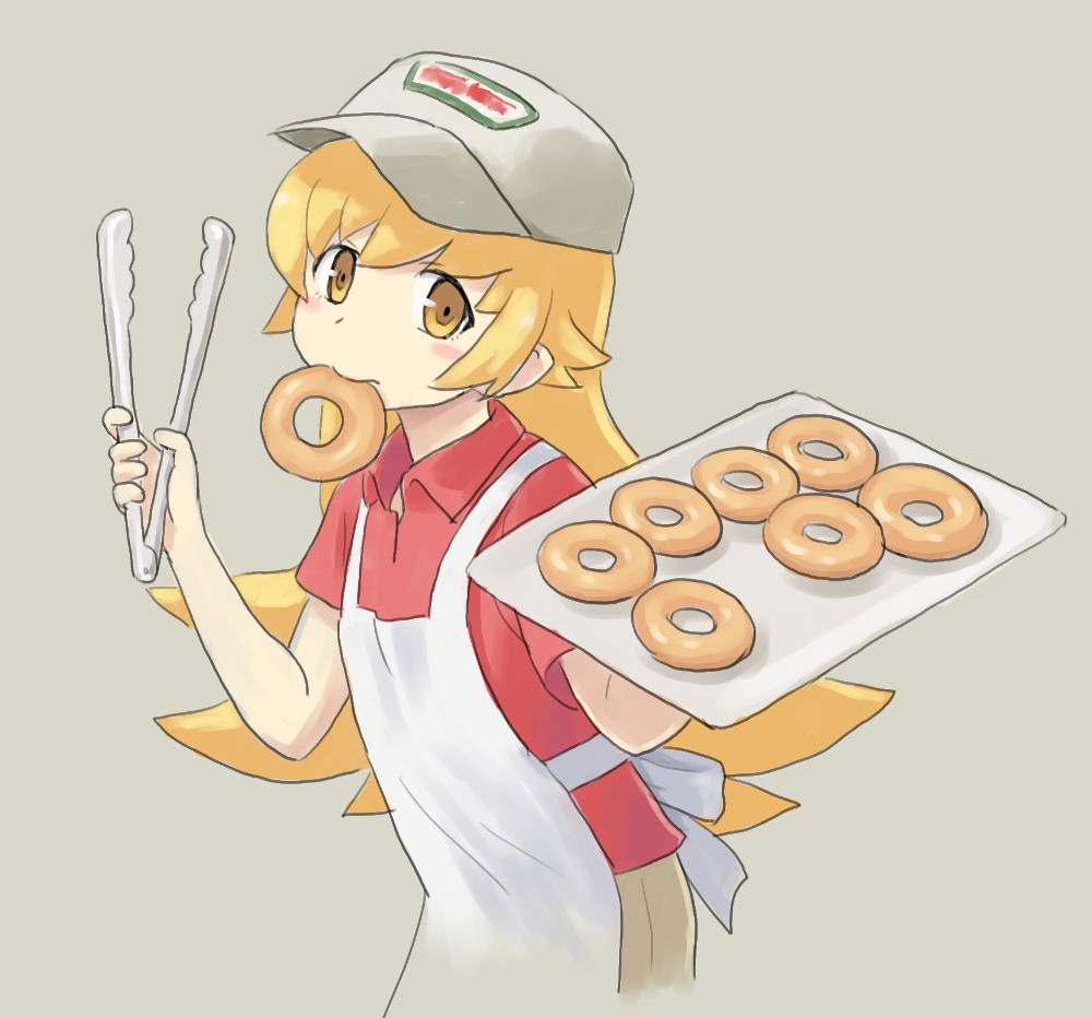 1girl, apron, blonde_hair, doughnut, doughnut_shop, drawfag, food, grey_background