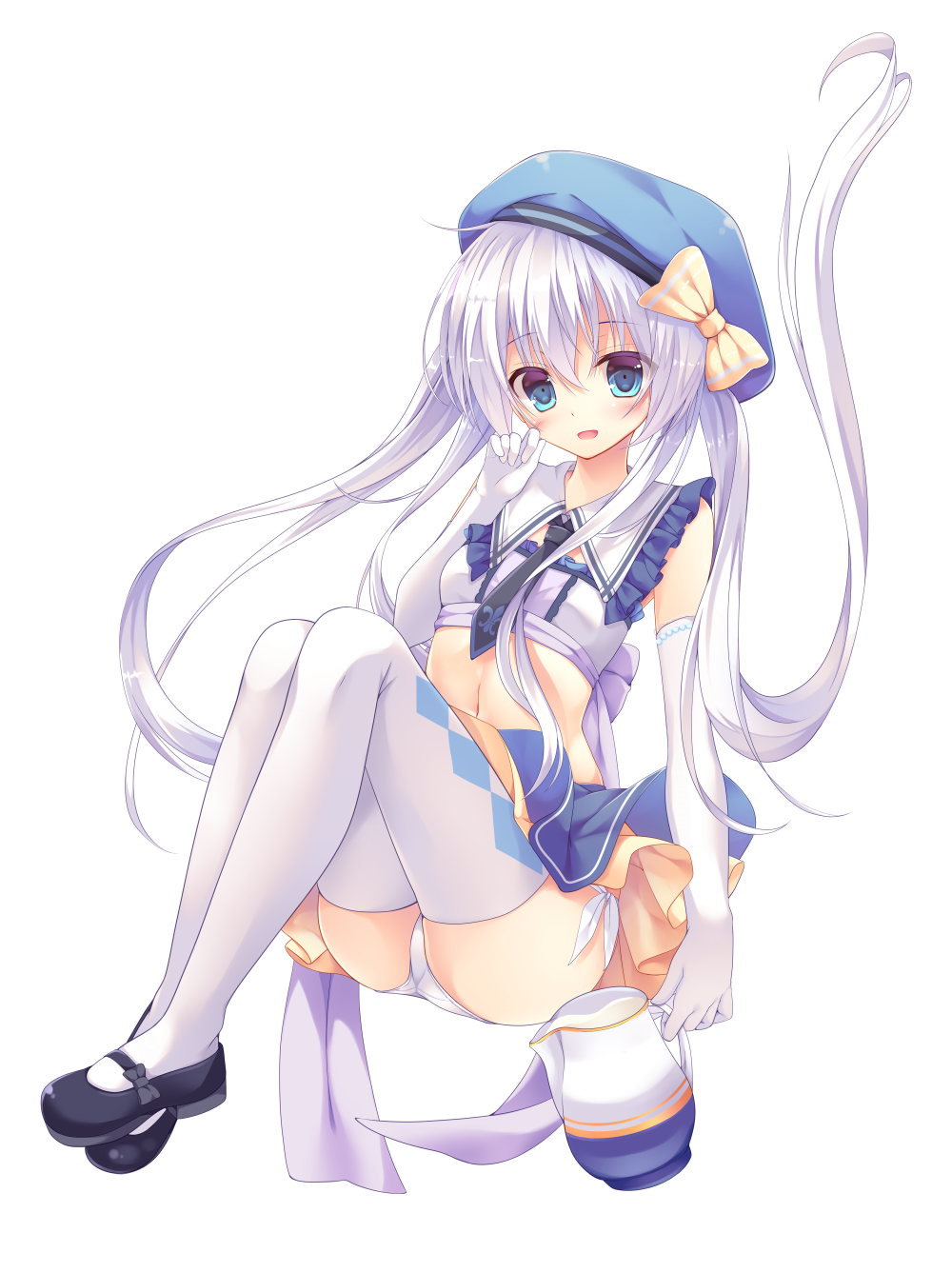 1girl, :d, aqua_eyes, argyle, argyle_legwear, bangs, beret, black_bow, black_footwear, black_neckwear, blue_hat, blue_skirt, blush, bow, commentary_request, crop_top, detached_collar, dot_nose, dot_pupils, elbow_gloves, eyebrows_visible_through_hair, eyes_visible_through_hair, fleur_de_lis, fleur_de_lis_print, frilled_shirt, frilled_shirt_collar, frills, full_body, gloves, hair_between_eyes, hand_on_own_cheek, hat, hat_bow, head_tilt, highres, holding, invisible_chair, kinokomushi, knees_up, large_bow, layered_skirt, legs_together, long_hair, looking_at_viewer, mary_janes, midriff, miniskirt, navel, necktie, open_mouth, original, panties, pantyshot, pantyshot_(sitting), pitcher, print_necktie, raised_eyebrows, shirt, shoe_bow, shoes, short_necktie, side-tie_panties, simple_background, sitting, skirt, smile, solo, stomach, strapless, striped, striped_bow, thigh-highs, tubetop, twintails, underwear, upskirt, very_long_hair, waitress, white_background, white_bow, white_gloves, white_hair, white_legwear, white_panties, wing_collar, yellow_bow, yellow_skirt