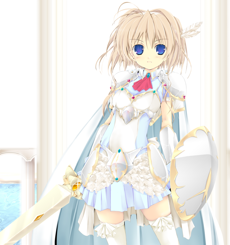 blue_eyes, blush, brown_hair, cape, dress, gauntlets, kudou_takashi, kuon_itsuki, pixiv, pixiv_fantasia, pixiv_fantasia_3, shield, short_hair, skirt, sword, thigh-highs, thighhighs, weapon, white_legwear, white_thighhighs, zettai_ryouiki