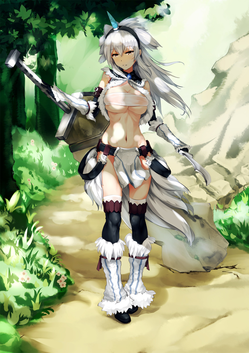 1girl, arm_belt, bandeau, bangs, belt, black_legwear, breasts, dagger