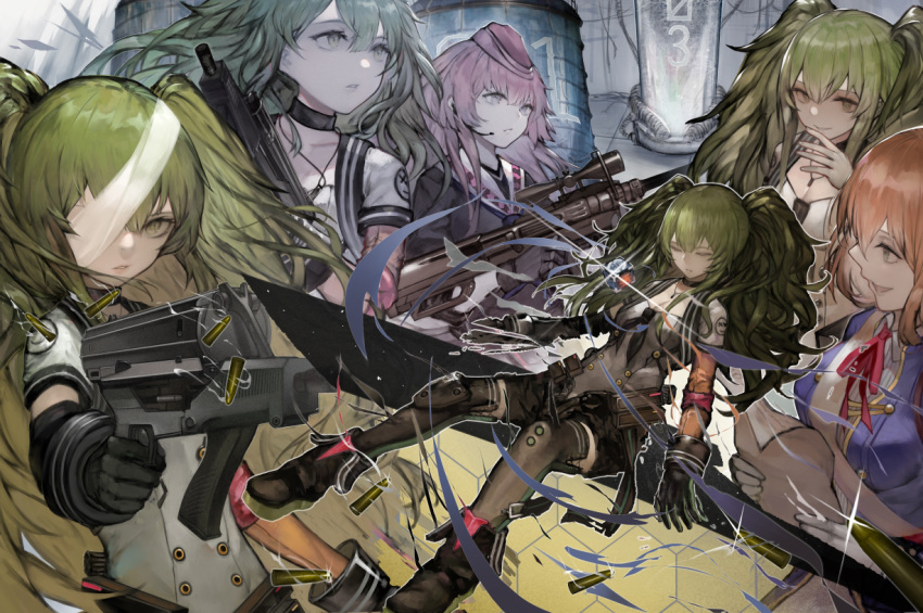 aiguillette, aiming, akasen, anti-materiel_rifle, bangs, black_footwear, black_gloves, black_legwear