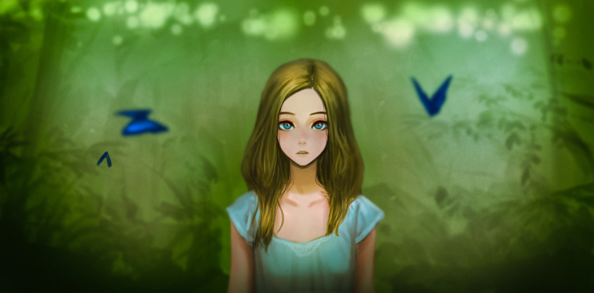 1girl, :o, absurdres, blonde_hair, blue_dress, blue_eyes, blurry, blush