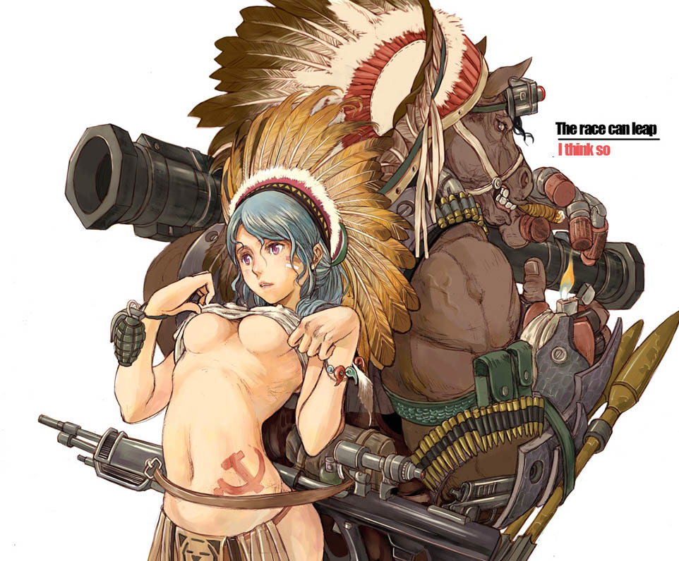 bandolier, bazooka, blue_hair, breasts, bullet, cigar, engrish, explosive