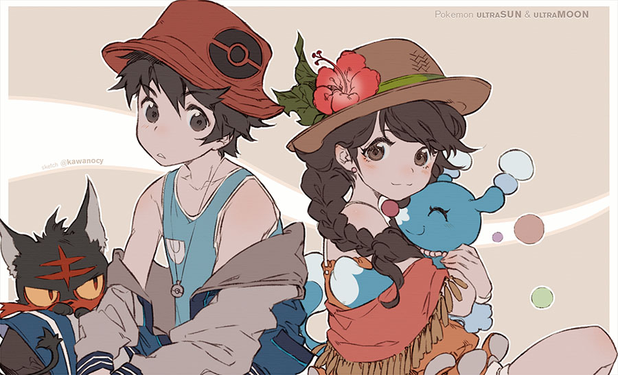 1boy, 1girl, :<, :3, ^_^, bare_shoulders, beige_background, blush