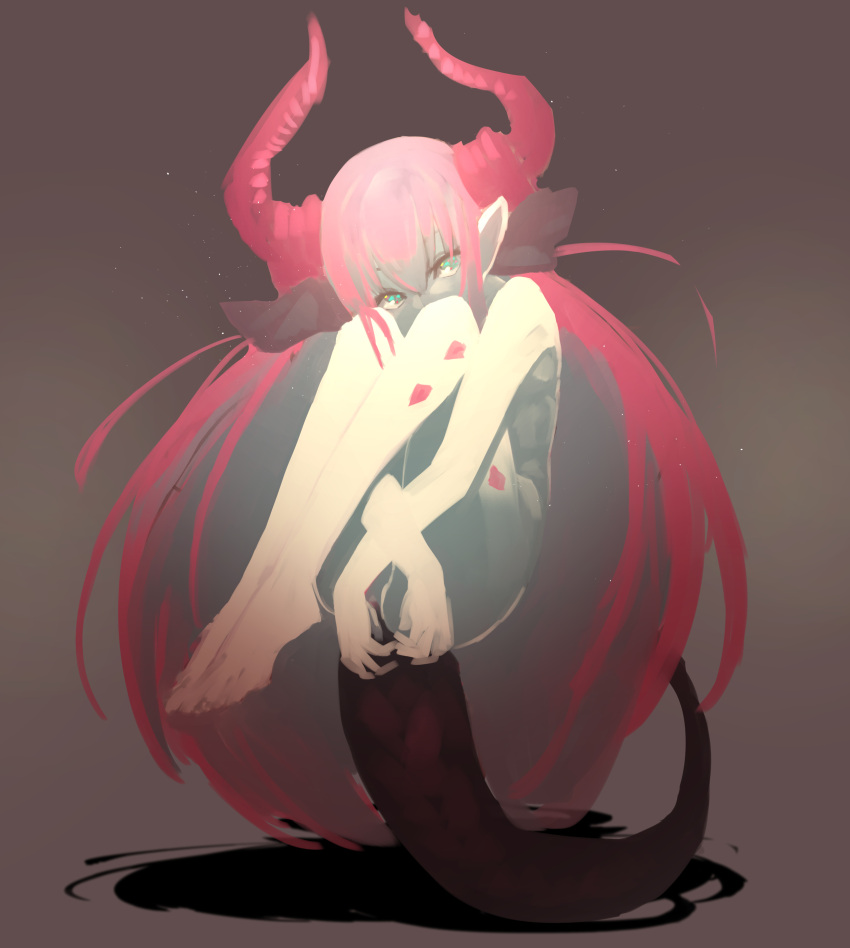 1girl, absurdres, aqua_eyes, bangs, covered_mouth, curling, dragon_horns, dragon_tail, fate/extra, fate/extra_ccc, fate/grand_order, fate_(series), floating, grey_background, highres, horns, lancer_(fate/extra_ccc), leg_hug, legs_together, long_hair, looking_at_viewer, nude, pink_hair, pointy_ears, simple_background, solo, suisogenshi, tail, very_long_hair