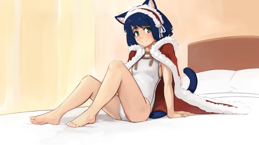 1girl, animal_ears, barefoot, bed, cat_ears, cat_tail, christmas_costume, cyan_(show_by_rock!!), feet, green_eyes, highres, indoors, light_smile, looking_at_viewer, on_bed, paintrfiend, show_by_rock!!, sitting, sitting_on_bed, solo, tail, toes