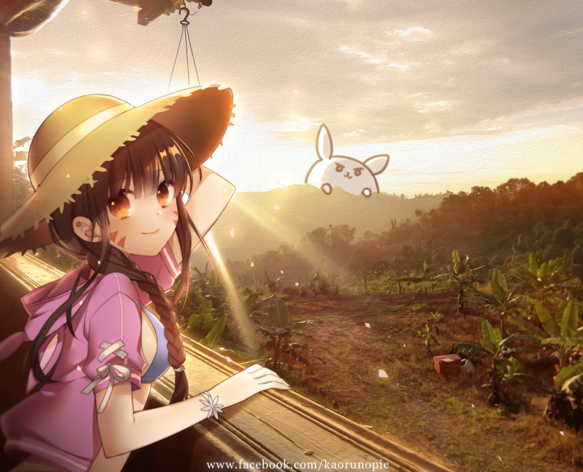 1girl, against_railing, alternate_costume, alternate_hairstyle, atobesakunolove, backlighting, bangs, bikini