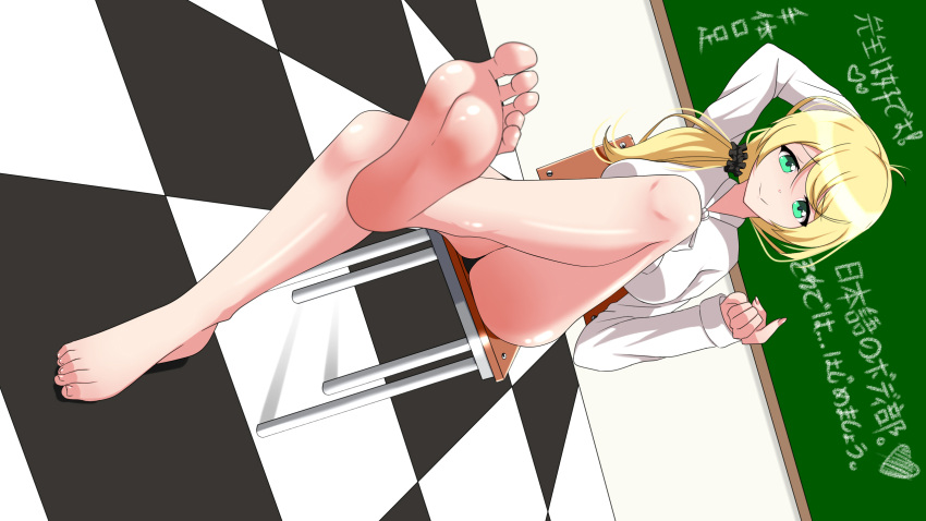 1girl, barefoot, blonde_hair, classroom, ellen_baker, feet, green_eyes, highres, incro300, soles, teacher, toes