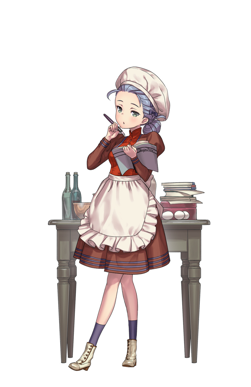 1girl, apron, blue_legwear, book, book_stack, bottle, bowl, chef_hat, egg, full_body, green_eyes, hand_up, hat, highres, holding, holding_book, looking_at_viewer, maid_apron, nikki_quinnell, official_art, open_book, pen, princess_principal, princess_principal_game_of_mission, puffy_sleeves, purple_hair, red_skirt, shoes, skirt, socks, standing, table, white_shoes