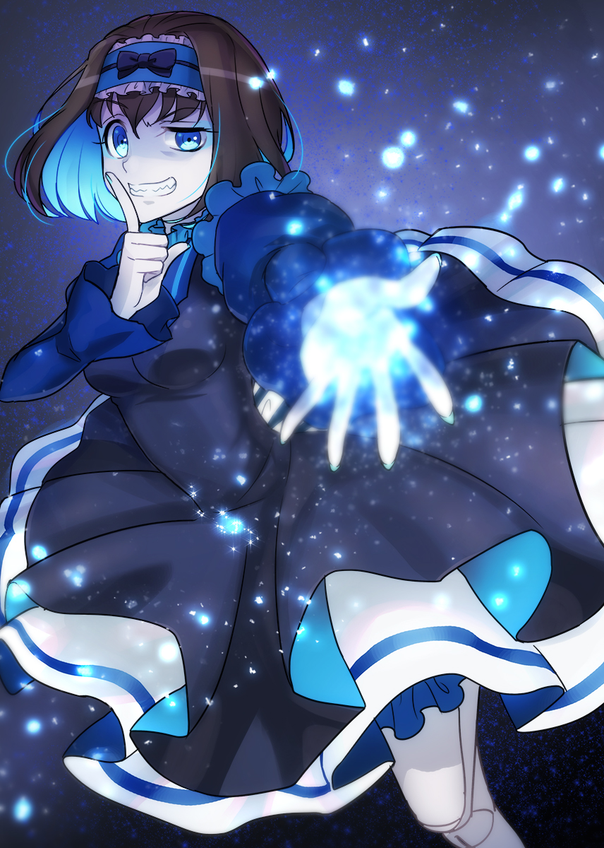 10s, 1girl, black_hair, blue, blue_dress, blue_eyes, blue_hair, doll_joints