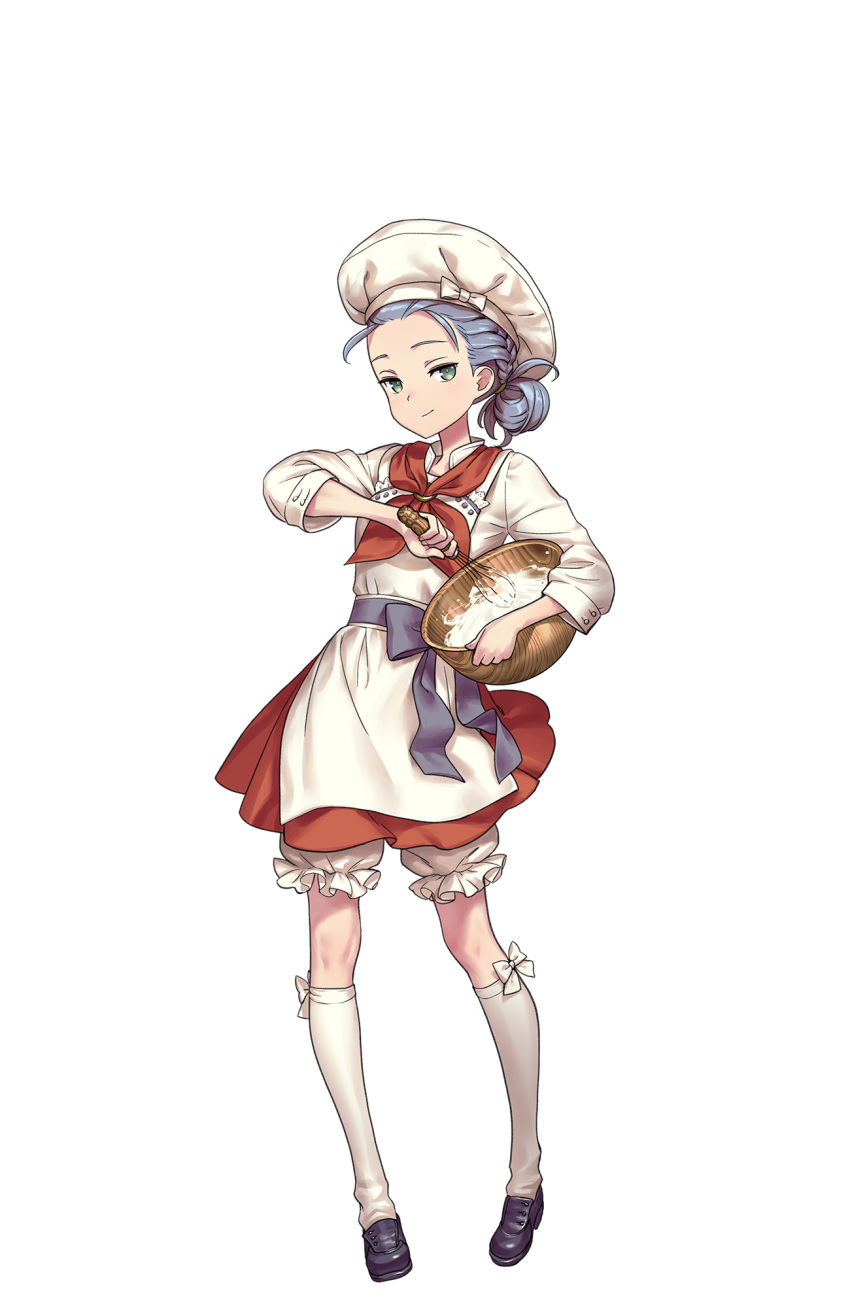 1girl, apron, black_footwear, bowl, braid, chef_hat, full_body, green_eyes, hand_up, hat, highres, looking_at_viewer, nikki_quinnell, official_art, princess_principal, princess_principal_game_of_mission, purple_hair, red_skirt, shoes, skirt, standing, whisk, white_legwear