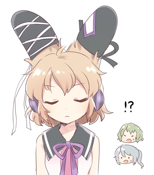 !?, 3girls, bangs, blonde_hair, blue_hair, closed_eyes, closed_mouth, earmuffs