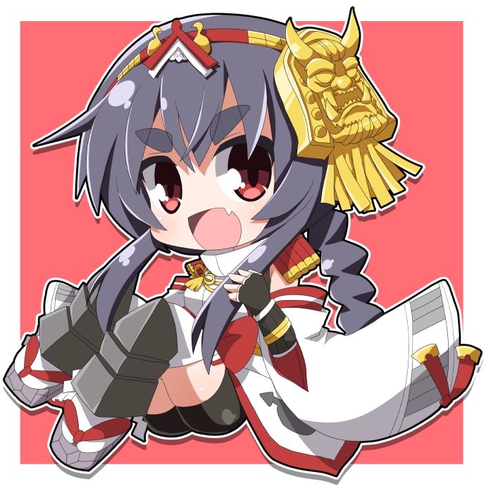 1girl, :d, bike_shorts, black_gloves, black_hair, detached_sleeves, elbow_gloves, gloves, hair_ornament, kozukata_(oshiro_project), long_hair, looking_at_viewer, open_mouth, osaragi_mitama, oshiro_project, oshiro_project_re, red_eyes, smile, solo, thick_eyebrows
