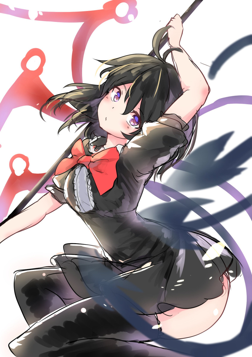 1girl, arm_over_head, asymmetrical_wings, black_hair, black_legwear, bow, bowtie, dress