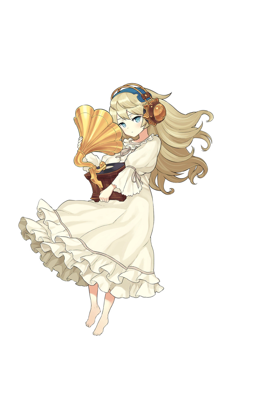 1girl, alicia_northend, barefoot, blonde_hair, blue_eyes, full_body, headphones, highres
