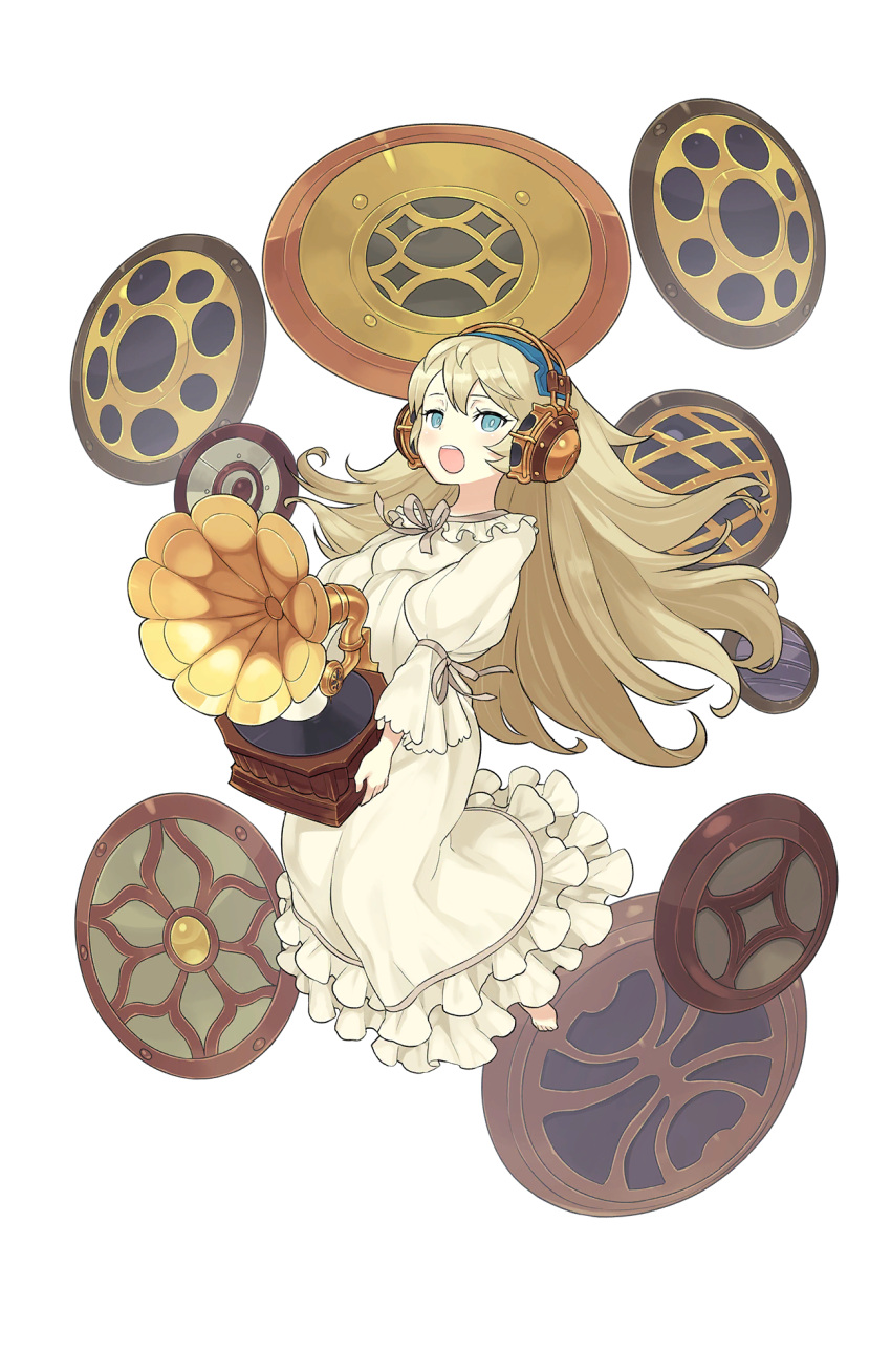 1girl, :o, alicia_northend, barefoot, blonde_hair, blue_eyes, full_body, headphones