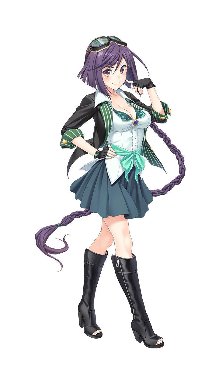 >:), 1girl, black_footwear, black_gloves, black_jacket, boots, braid, breasts, cleavage, finger_to_cheek, fingerless_gloves, formation_girls, full_body, gloves, goggles, goggles_on_head, hand_on_hip, high_heel_boots, high_heels, highres, jacket, large_breasts, long_hair, looking_at_viewer, mole, mole_on_breast, nina_pawlenko, official_art, purple_hair, single_braid, smile, solo, tenkuu_nozora, transparent_background, very_long_hair, violet_eyes