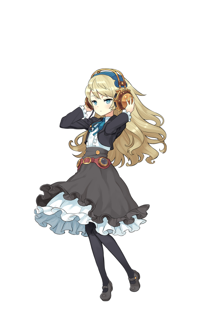 1girl, adjusting_headphones, alicia_northend, black_footwear, black_legwear, black_skirt, blonde_hair, blue_eyes, full_body, headphones, highres, long_hair, looking_at_viewer, official_art, pantyhose, princess_principal, princess_principal_game_of_mission, shoes, skirt, transparent_background