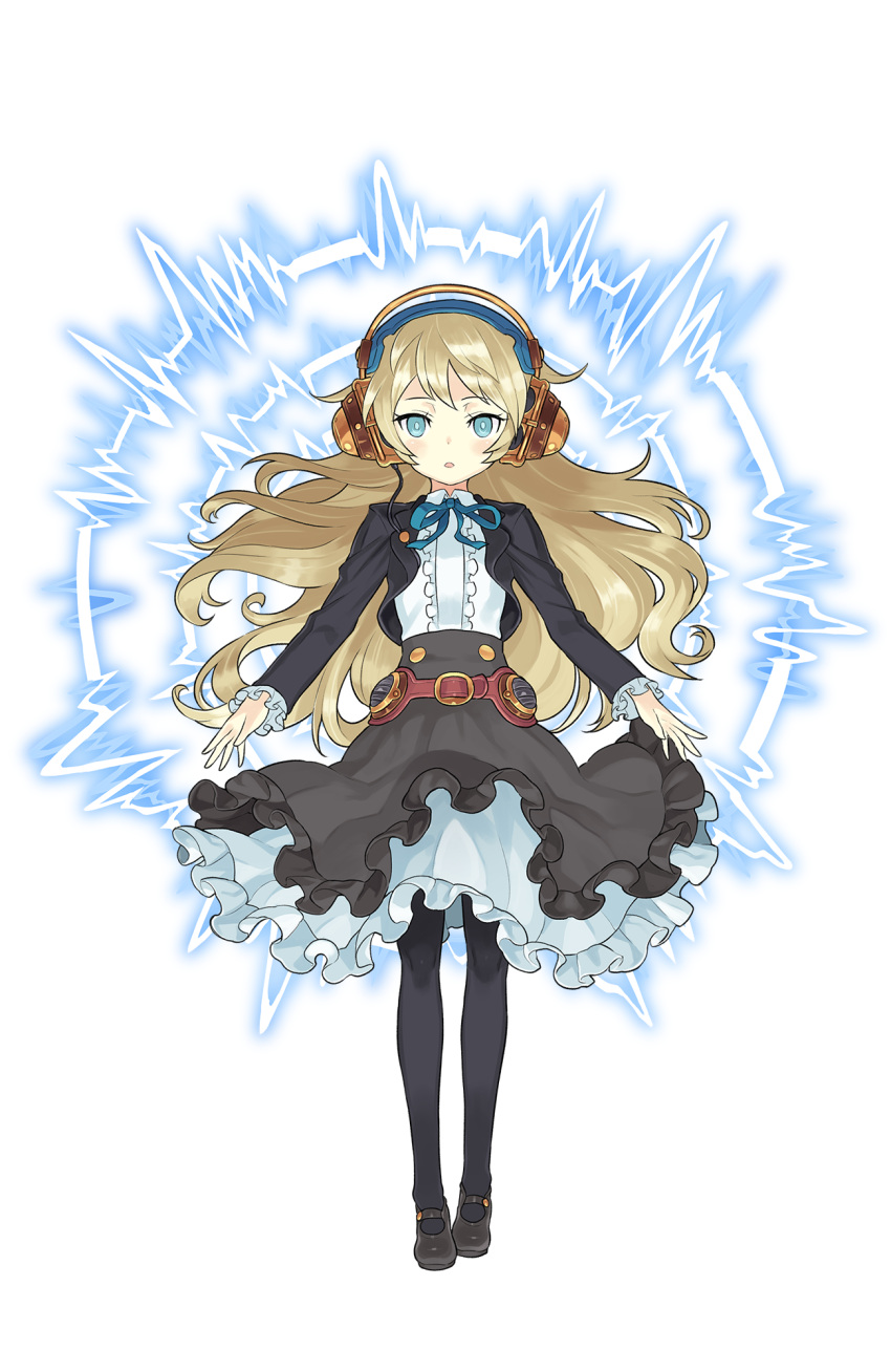 1girl, :o, alicia_northend, black_footwear, black_legwear, black_skirt, blonde_hair, blue_eyes, full_body, headphones, highres, long_hair, looking_at_viewer, official_art, pantyhose, princess_principal, princess_principal_game_of_mission, shoes, skirt, transparent_background