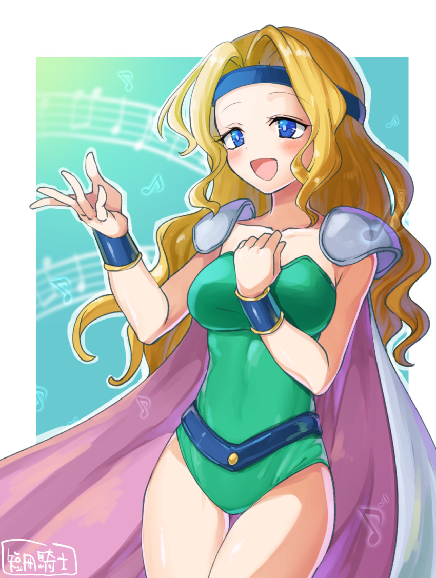 1girl, :d, artist_name, beamed_quavers, belt, blonde_hair, blue_belt, blue_eyes