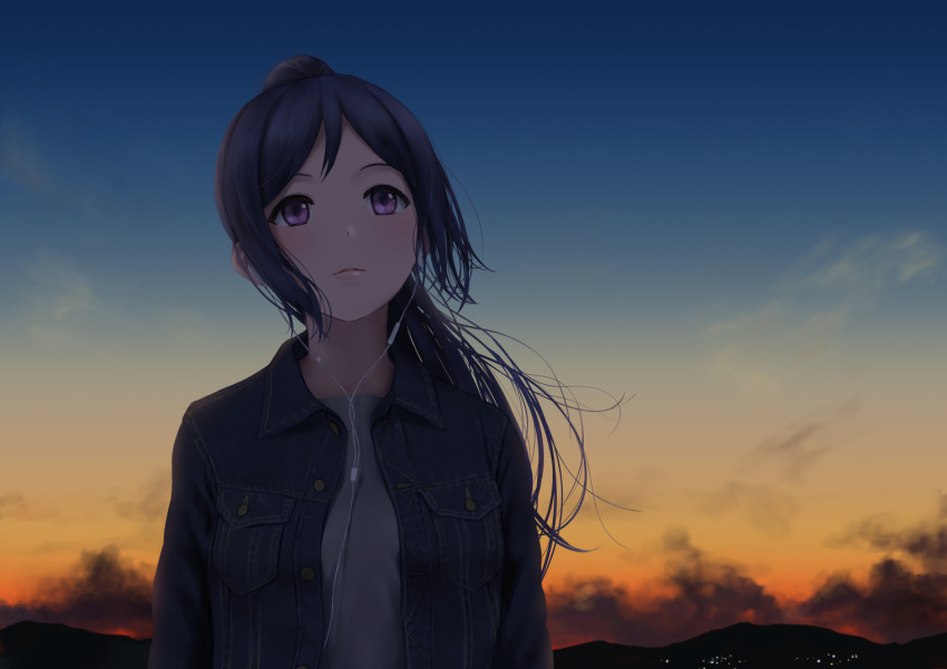 1girl, bangs, blue_sky, blush, breast_pocket, buttons, city_lights, denim