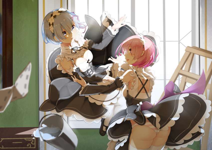 2girls, absurdres, ass, blue_eyes, blue_hair, bucket, detached_sleeves, grandgua