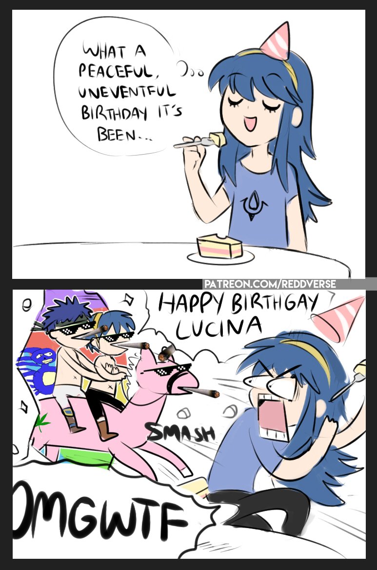 2boys, cake, chibi, english, fire_emblem, fire_emblem:_akatsuki_no_megami, fire_emblem:_kakusei, fire_emblem:_mystery_of_the_emblem, fire_emblem:_souen_no_kiseki, fire_emblem_heroes, food, horse, ike, lucina, marth, multiple_boys, reddverse, smile, sunglasses, tiara