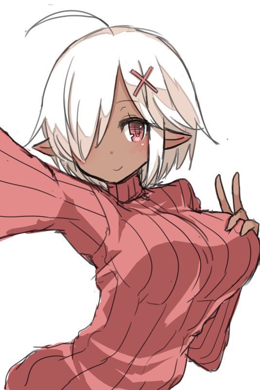 1girl, ahoge, breasts, dark_elf, dark_skin, elf, hair_ornament, hair_over_one_eye, hand_on_own_chest, large_breasts, malice_stella, original, pointy_ears, red_eyes, ribbed_sweater, self_shot, short_hair, solo, sweater, turtleneck, v, white_background, white_hair, x_hair_ornament