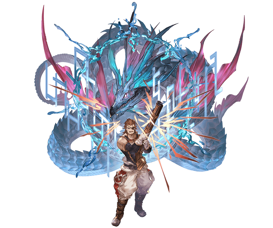 1boy, baggy_pants, beard, eugene_(granblue_fantasy), eyepatch, facial_hair, granblue_fantasy, gun