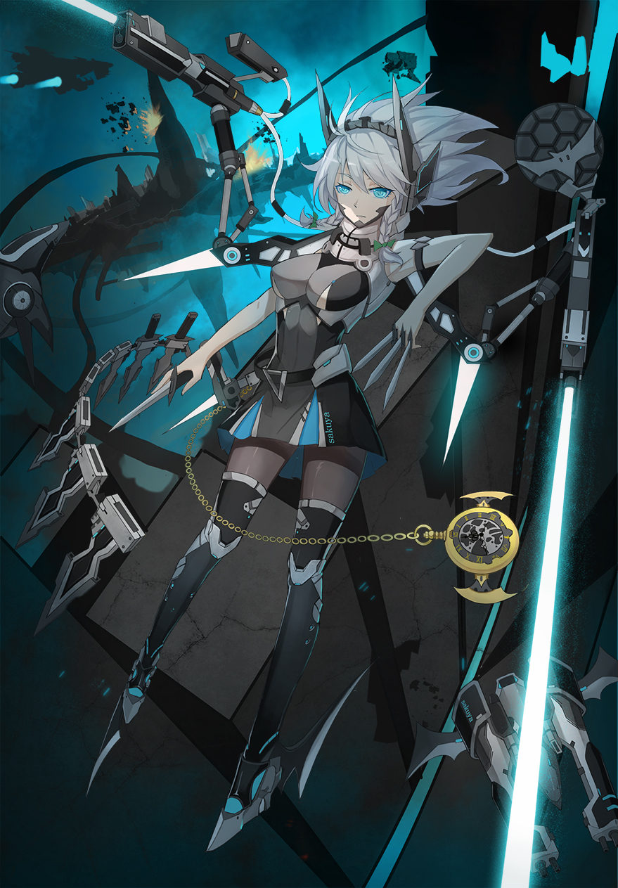 1girl, aircraft, aqua_eyes, bangs, between_fingers, black_belt, black_legwear, blade