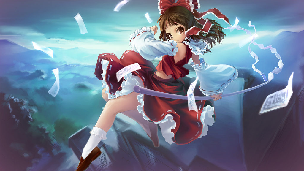 brown_hair, detached_sleeves, forest, gohei, hakurei_reimu, kani_hira, kanihira, mary_janes