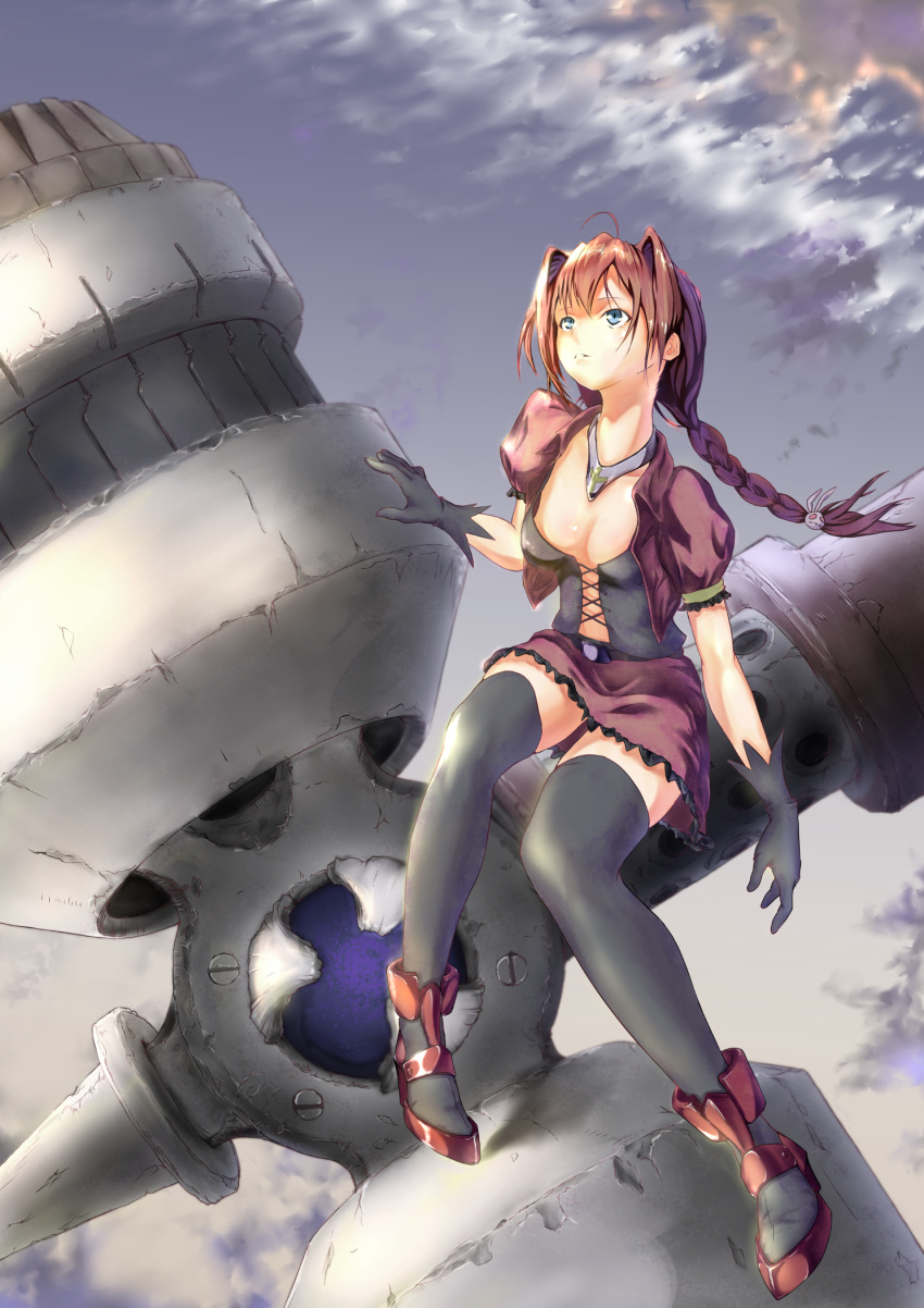 1girl, ahoge, black_legwear, blue_eyes, braid, breasts, cleavage, disheveled
