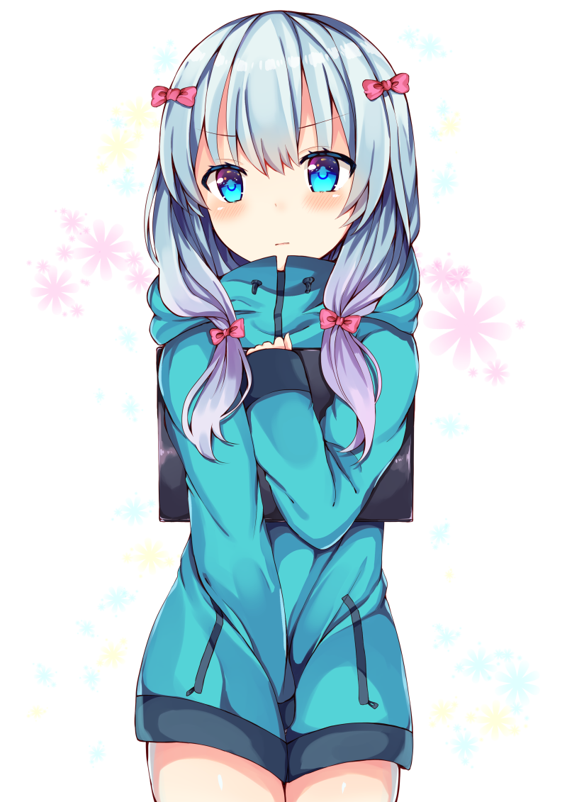 1girl, between_legs, blue_eyes, blue_sweater, blush, bow, cowboy_shot, eromanga_sensei, hair_bow, hand_between_legs, holding, izumi_sagiri, long_hair, looking_at_viewer, maki_soutoki, pink_bow, shiny, shiny_skin, silver_hair, simple_background, solo, standing, sweater, white_background