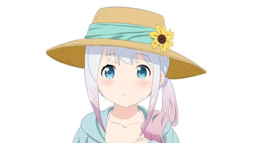 1girl, aqua_ribbon, blue_eyes, blue_sweater, blush, cardigan, collarbone, eromanga_sensei