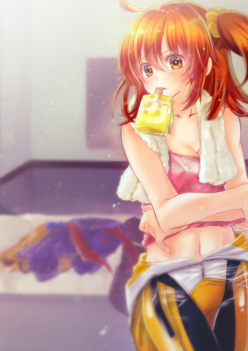 1girl, absurdres, ahoge, bodysuit, breasts, brown_eyes, cleavage, collarbone