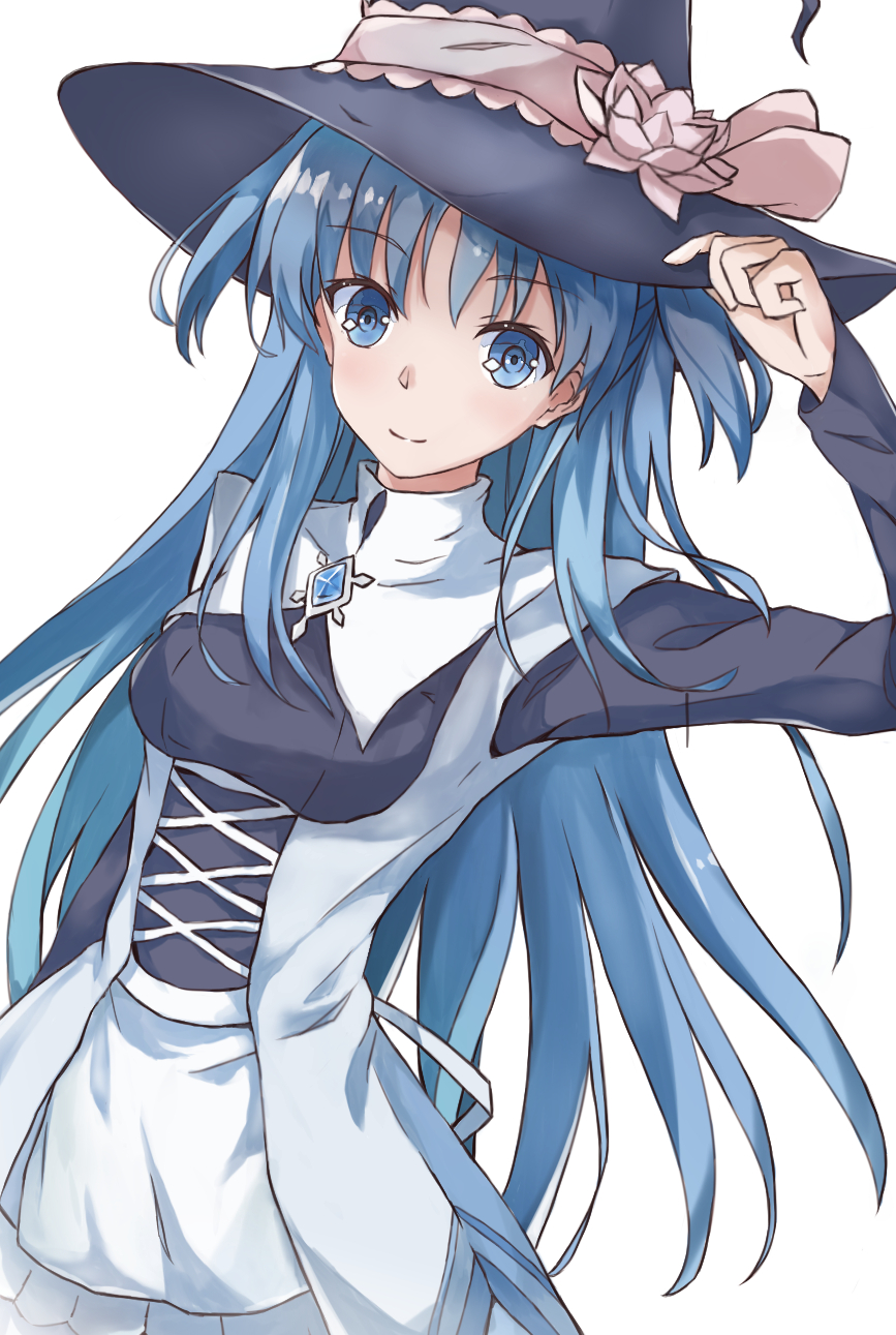 1girl, black_hat, black_shirt, blue_eyes, blue_hair, chtholly_nota_seniorious, eyebrows_visible_through_hair, floating_hair