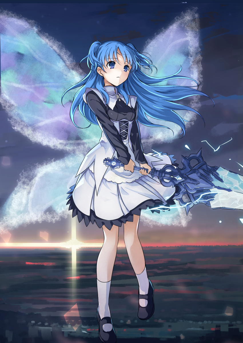 1girl, apron, black_shirt, blue_eyes, blue_hair, butterfly_wings, chtholly_nota_seniorious, eyebrows_visible_through_hair, floating_hair, flying, full_body, highres, holding, holding_sword, holding_weapon, long_hair, mary_janes, miniskirt, mitsuki_(goomoku), night, outdoors, pleated_skirt, shirt, shoes, shuumatsu_nani_shitemasu_ka?, skirt, socks, solo, sword, very_long_hair, weapon, white_apron, white_legwear, white_skirt, wings