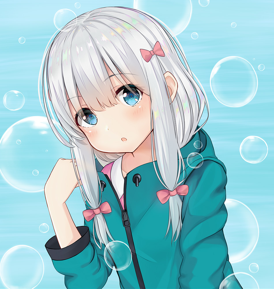1girl, blue_background, blue_eyes, blue_sweater, bow, bubble, collarbone, eromanga_sensei