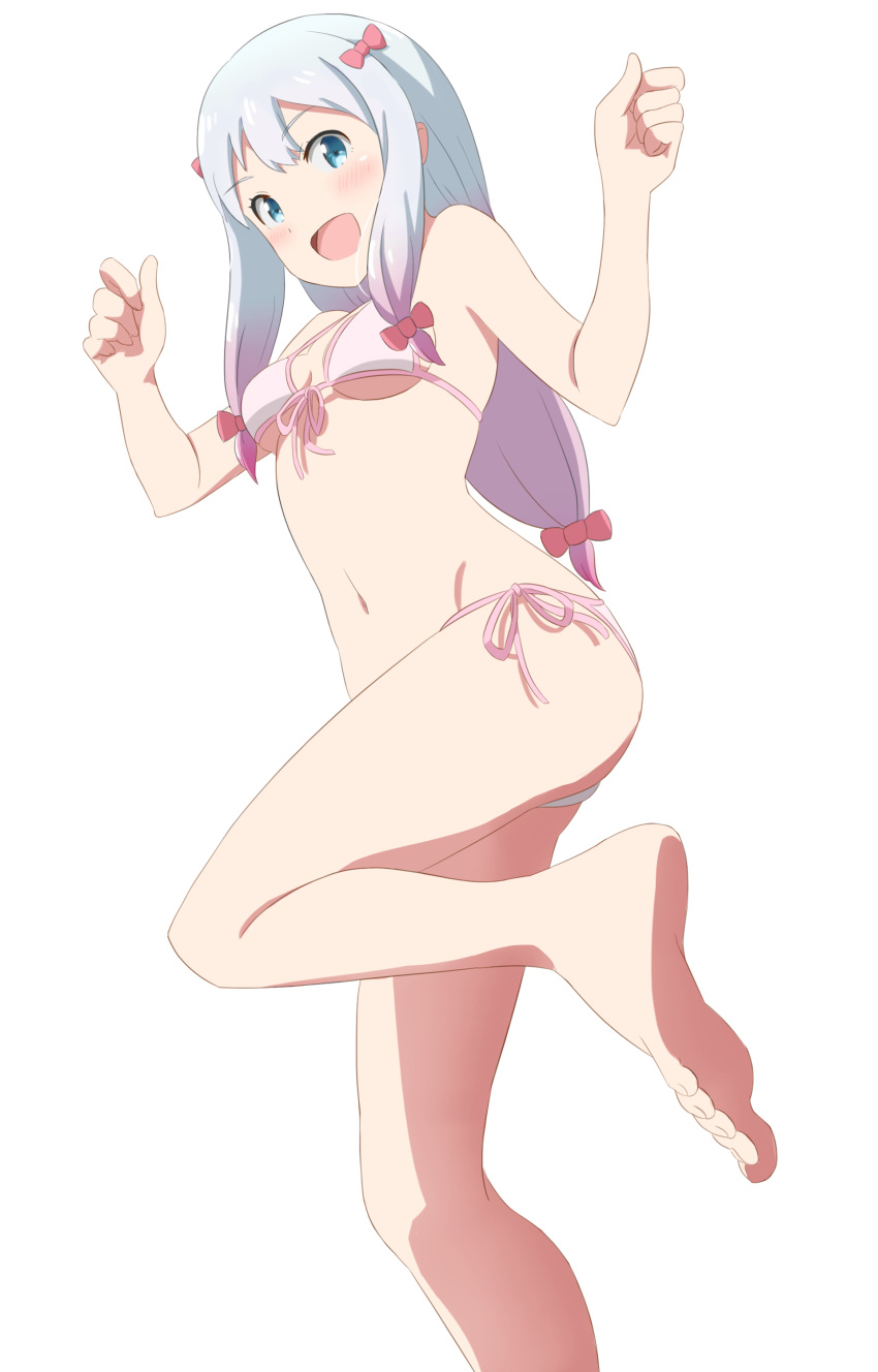 1girl, :d, absurdres, barefoot, bikini, blue_eyes, bow, breasts