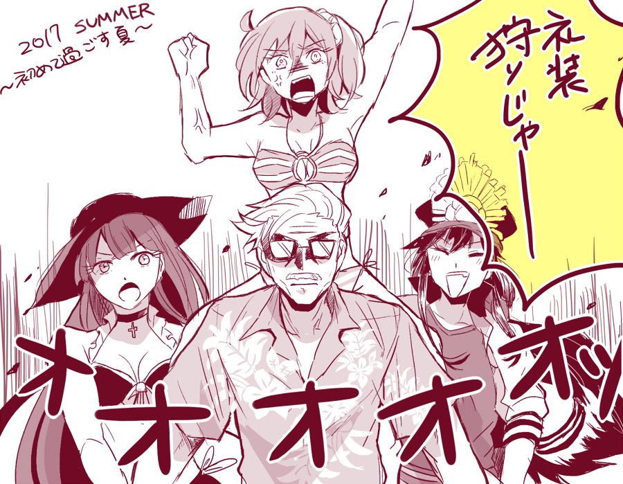 1boy, 2017, 3girls, alternate_costume, anger_vein, angry, bangs, bikini