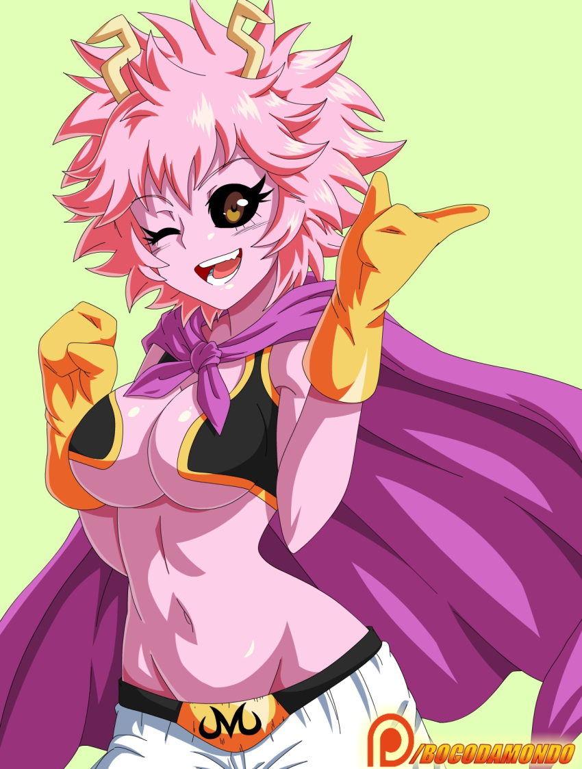 1girl, ;d, alternate_costume, ashido_mina, bare_shoulders, black_sclera, bocodamondo, boku_no_hero_academia, breasts, cape, cosplay, dragon_ball, gloves, highres, horns, looking_at_viewer, majin_buu, majin_buu_(cosplay), medium_breasts, navel, one_eye_closed, open_mouth, patreon_username, pink_hair, pink_skin, purple_cape, short_hair, smile, solo, stomach, teeth, under_boob, yellow_eyes, yellow_gloves