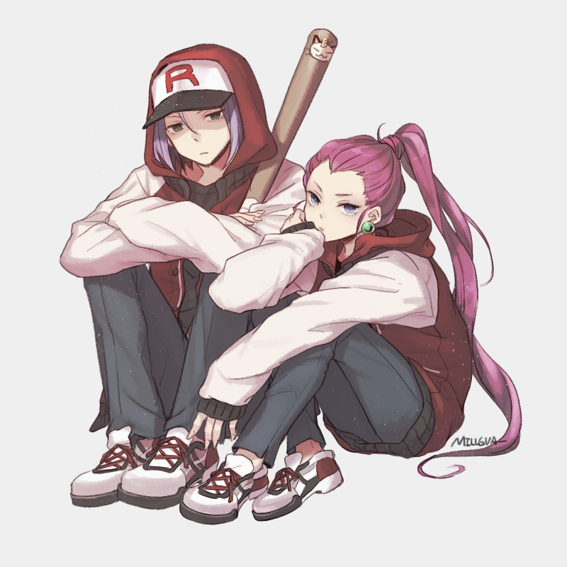 1boy, 1girl, alternate_costume, arm_support, artist_name, baseball_bat, baseball_cap, black_pants