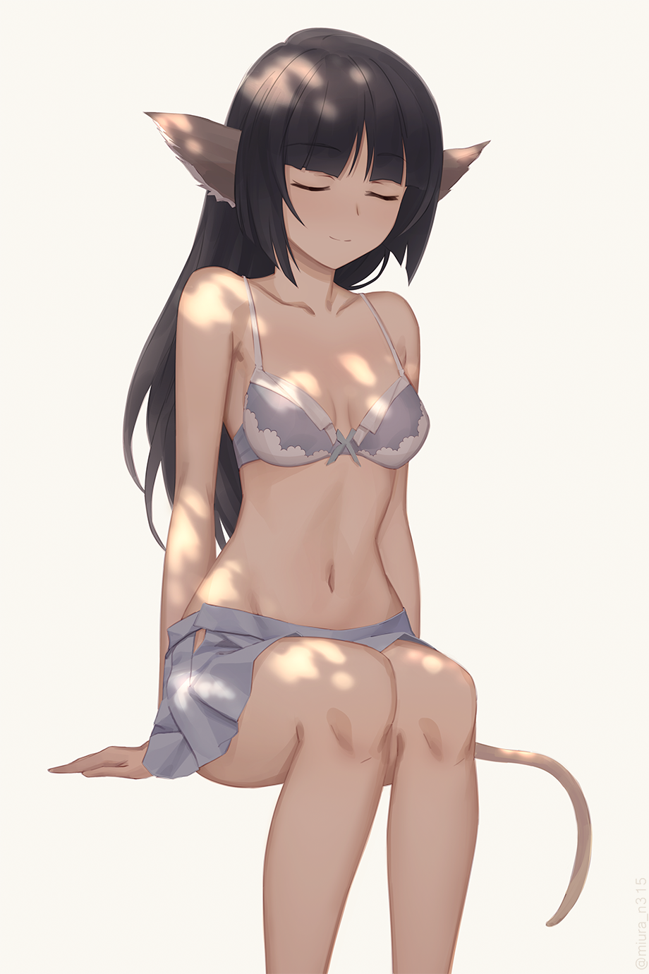 1girl, animal_ears, arms_at_sides, artist_name, bangs, bare_arms, bare_shoulders, black_hair, blunt_bangs, blush, breasts, closed_eyes, closed_mouth, collarbone, eyebrows_visible_through_hair, highres, invisible_chair, long_hair, medium_breasts, miura-n315, simple_background, sitting, smile, solo, tail, utawareru_mono, utawareru_mono:_itsuwari_no_kamen, yellow_background, yuzuha_(utawareru_mono)