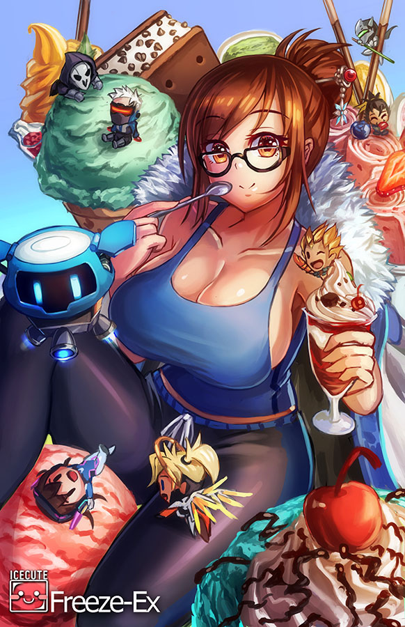 3girls, 5boys, artist_name, black-framed_eyewear, black_legwear, blonde_hair, blue_background, blue_bodysuit