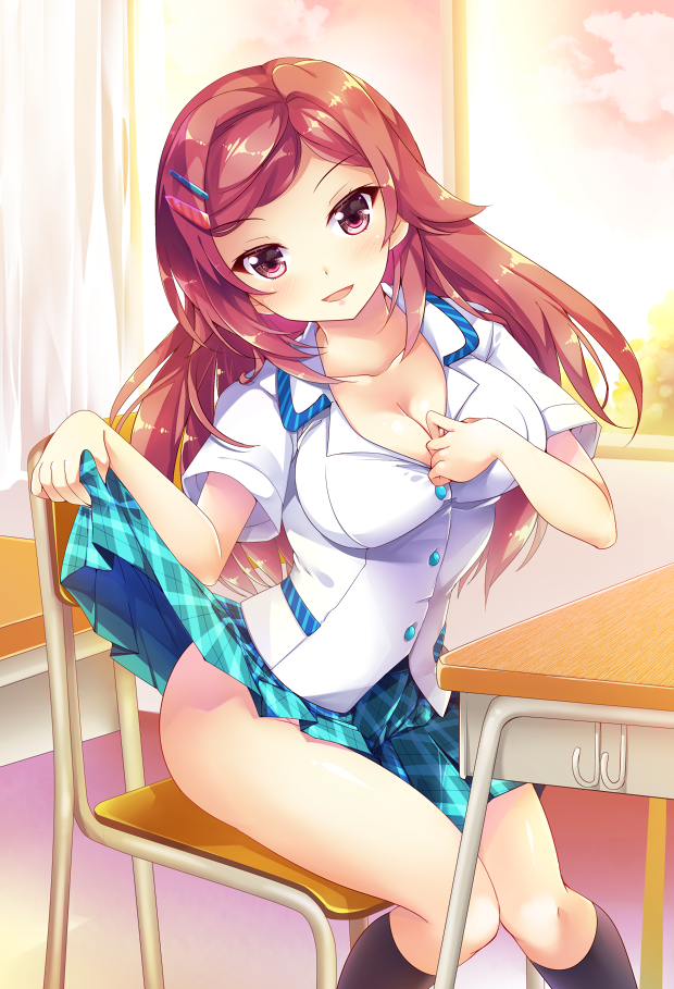 1girl, black_legwear, blouse, blush, breasts, classroom, cleavage, collarbone