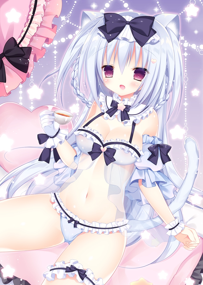 1girl, :o, animal_ears, babydoll, black_bow, blue_hair, blue_panties, blush
