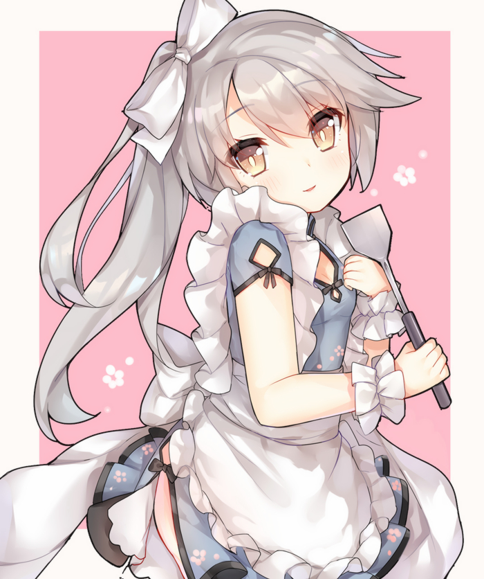 1girl, apron, bangs, blue_dress, blush, bow, breasts, brown_eyes